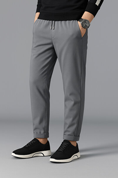 T SteepRockt Men's Dark Gray Jogger Pants Elastic Waist Lace-Up Double Leg Pique Fabric Stretch Fabric Slim Fit Model