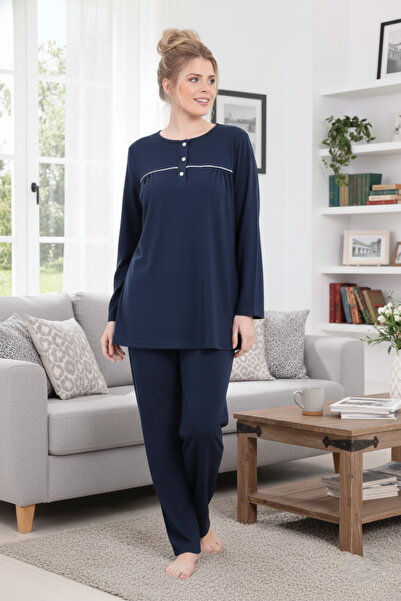 Lohusa Homewear Women's Navy Blue Stylish Long Sleeve Buttoned Plus Size (Ove...