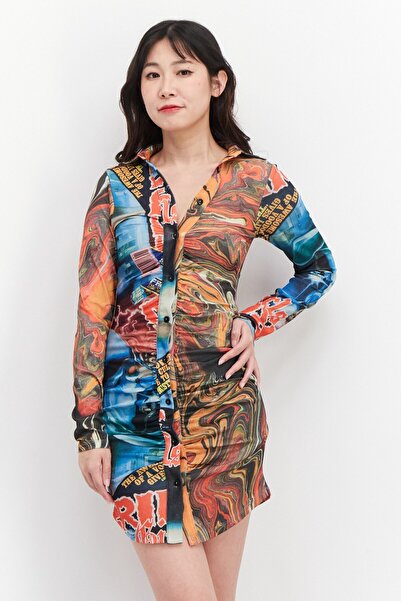 NEW girl ORDER Women Abstract Print Mini Dress, Orange Combo