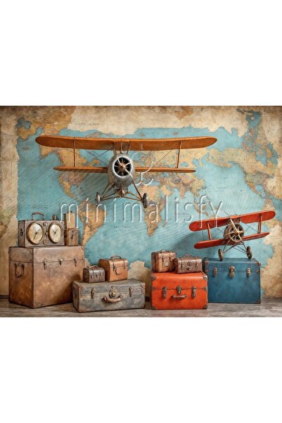 Minimalisfy Retro Dünya Haritası ve Vintage Bavul Temalı Baskılı Kumaş Arka F...