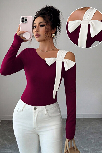 meren like your style Burgundy Long Sleeve White Strap Open Shoulder Top Blouse