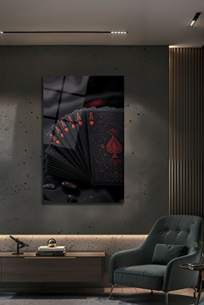 B&G DESIGN Siyah Kırmızı İskambil Kağıtları Cam Tablo Lüks Aslar ve Maça Figü...