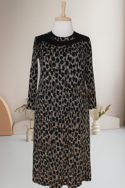 HESNA Women's Asude Winter Quality Abstract Leopard Pattern Black Plus Size Mother Dress