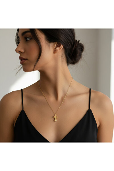 Madame Deco & Takı قلادة فولاذية بتصميم مادام مع شكل فطر ذهبي - لا تفقد لونها...