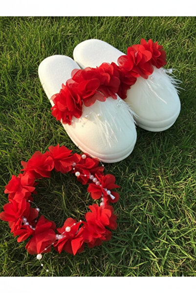 Fiyonks Atölye نعال الأمومة وتاج مزين بالزهور، طقم أمومة نسائي، موديل مزين بالريش واللؤلؤ