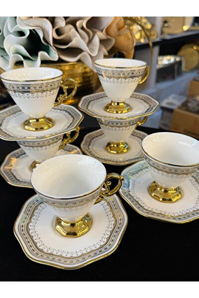 LOKMAN ZÜCCACİYE SHOWROOM 6-Piece White Embossed Gilt Footed Coffee Cup Set 90 ml (Cliff)