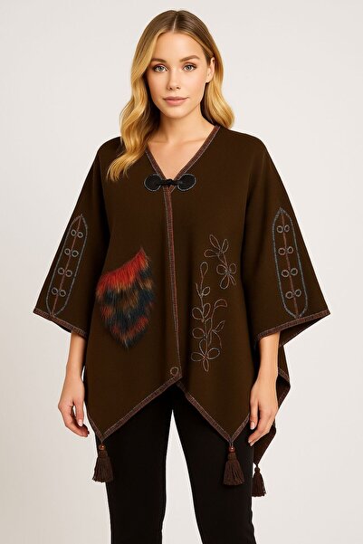 sf collection Women's Casual Model Fur Detailed Knitwear Knitted Poncho