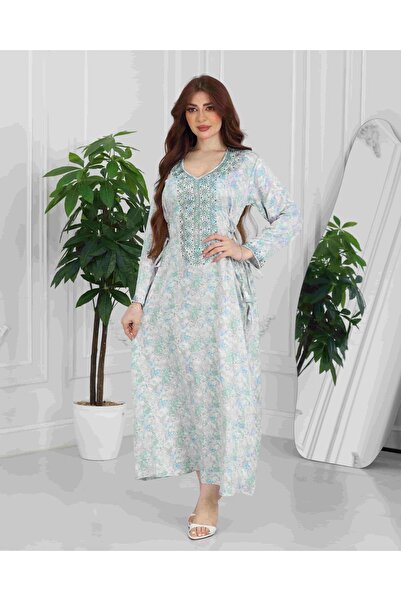 Nice Model Elegant Floral Embroidered Kaftan Maxi Dress V-Neck Tie Waist Long Sleeve Plus Size Loungewear