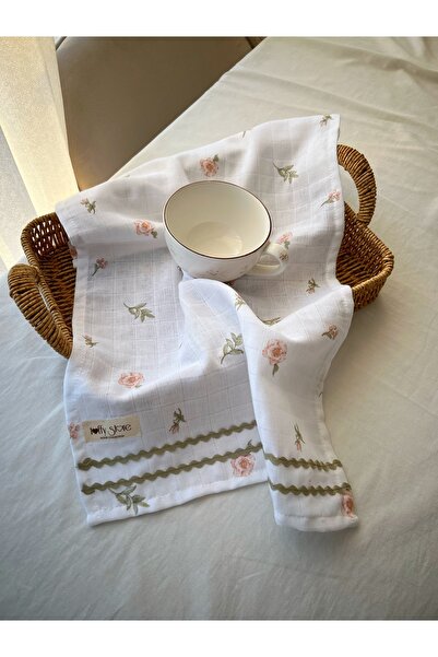 ToffyStore Beyaz Çiçekli Müslin Kumaş Mutfak Bezi (35x50cm)