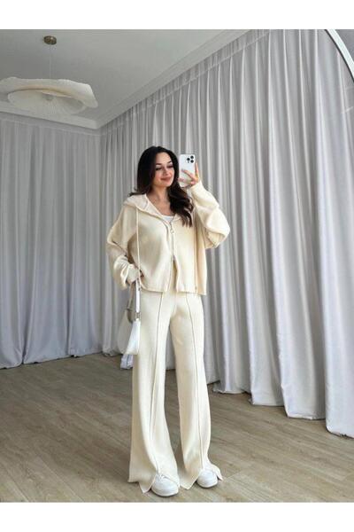 ALVOR T Double Zippered Hooded Cardigan Elastic Waist Trousers Double Knitwear Set