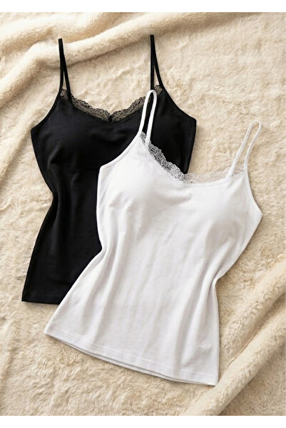 Loule Women's 2-Pack Lace Detailed String Strap Tank Top - 95% Cotton Soft & Anti-Sweat Stretchy Fabric