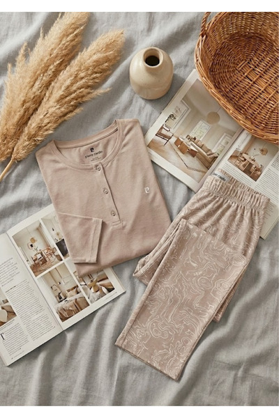 Pierre Cardin Women's Clothing Mink Soft Textured Long Sleeve Modal & Cotton Pajama Set