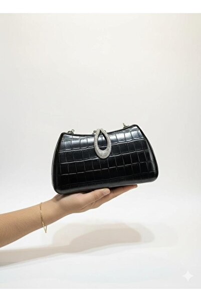 LLK Elegant leather evening bag with a side closure, zircon stones, and a phone compartment.