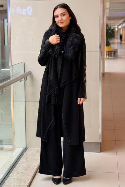 Ghisa Detachable Fur Leather Detailed Cap Sleeveless Underwear Pants 3-Piece Set