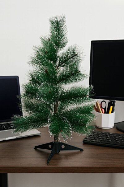 Brad artificial 90 cm cu pachet complet decor – vârf auriu, beteală roșu & auriu, fundițe mix