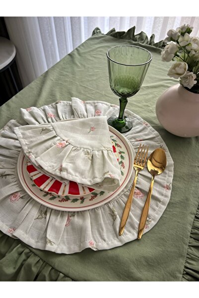 ToffyStore مفرش طاولة دائري بنمط الزهور من الموسلين الأخضر المائي (38×38 سم)