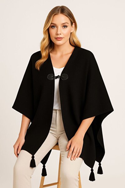 sf collection Solid Color Buckle Knitted Knitwear Poncho
