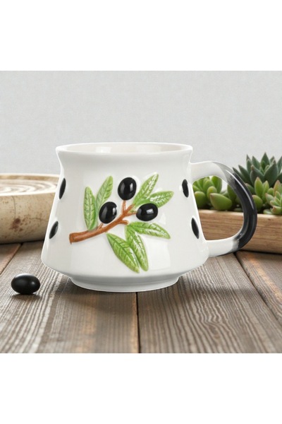 İlbay Çini Takı Embossed Olive Pattern Three-Dimensional Mug, Handcrafted Cer...