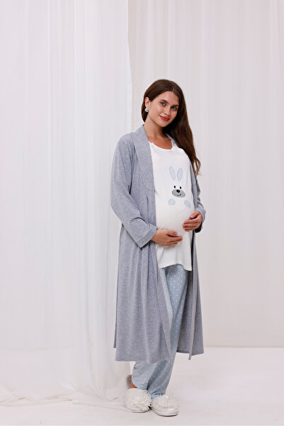 Yulem Homewear Blue Rabbit Patterned Cotton Maternity Pajamas with Nursing Feature, 3-Piece Set