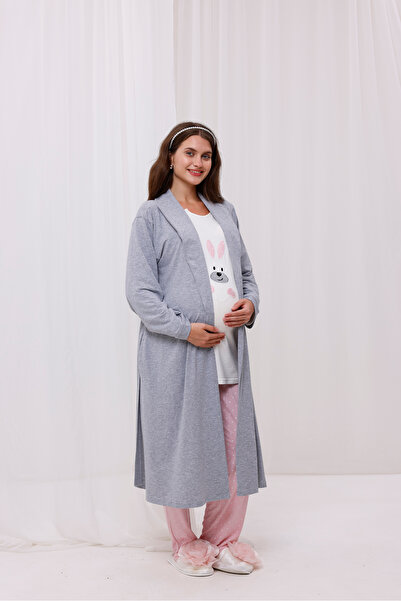 Yulem Homewear Powder Rabbit Patterned Nursing-Friendly Cotton Maternity Pajamas 3-Piece Set