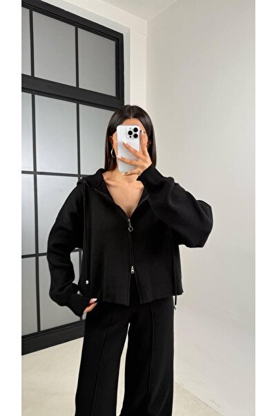 ALVOR T Double Zippered Hooded Cardigan Elastic Waist Trousers Double Knitwear Set