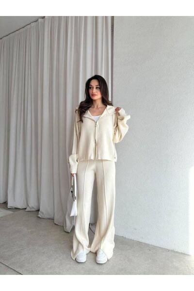 ALVOR T Double Zippered Hooded Cardigan Elastic Waist Trousers Double Knitwear Set