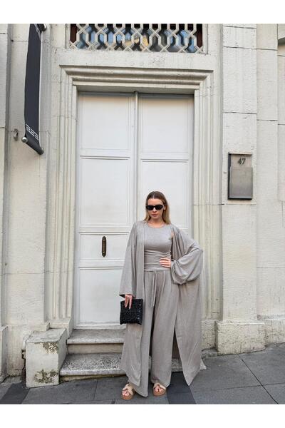 bonacosa Kadın Viskon 3’lü Takım – Kimono + Beli Lastikli Salaş Pantolon + Sıfır Kol (Kolsuz) – 8 Renk