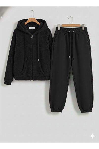 KVİNS Унисекс спортен екип с качулка и панталони от флис с цип по цялата дължина