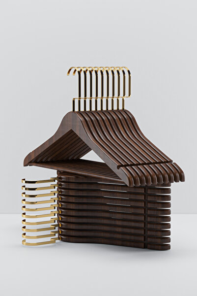 ZÜMHA VIP Kalite Ceviz Ahşap Gold Askı Dayanıklı Kalın Omuzlu Kaydırmaz 5 ‘li