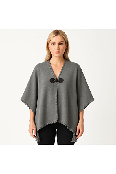sf collection Solid Color Buckle Knitted Knitwear Poncho