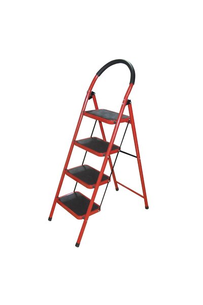 bigshot Folding Ladder with 4 Wide Steps, Bigshot, Metal, Maximum 150 Kg, Non-Slip Feet, Red-Black