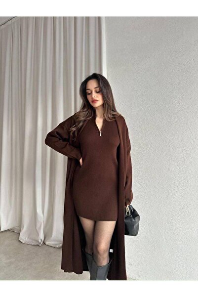 ALVOR Knitwear Zero Sleeve Mini Dress-Long Cardigan Set-Dual Set