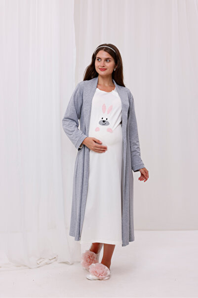 Yulem Homewear Powder Rabbit Patterned Cotton Long Sleeve Full Length Maternity Nightgown-Robe Set of 2