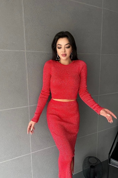 Auroveen Simli Triko Crop Yırtmaç Detaylı Etek Alt-Üst Takım AV3240