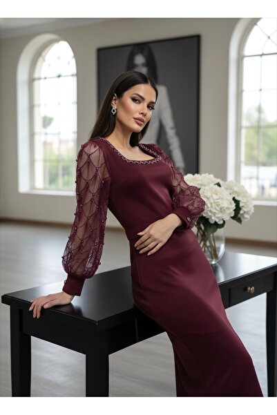 asyadabutik Women's Imported Scuba Fabric Sleeve Beading Embroidered Belt Detailed Lined Special Design Dress