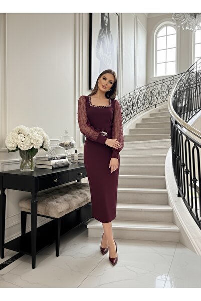 asyadabutik Women's Imported Scuba Fabric Sleeve Beading Embroidered Belt Detailed Lined Special Design Dress