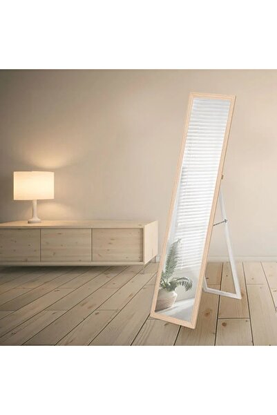 ELITECOMMERCEMARKET Beige Wooden Floor Mirror with Stand 156x36cm