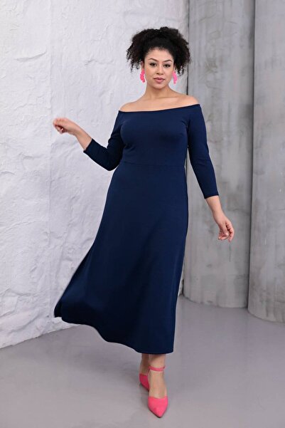 Truva XXL Office and Formal Wear: Navy Blue Three-Quarter Sleeve Plus Size Dress