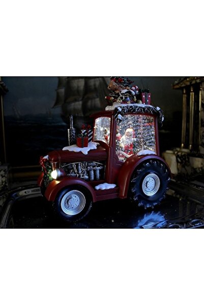 Home Red Christmas decorative tractor figurine with Santa, tree, LED lights, snow, music