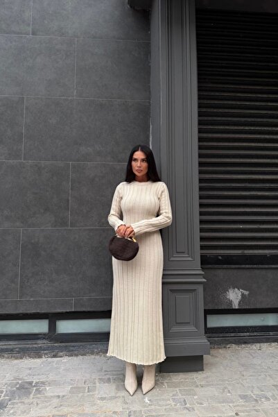 Auroveen Basic Fitilli Bel Detaylı Triko Uzun Elbise AV3909