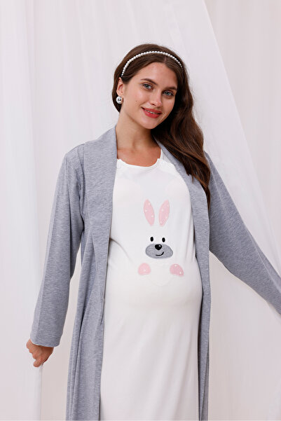 Yulem Homewear Powder Rabbit Patterned Cotton Long Sleeve Full Length Maternity Nightgown-Robe Set of 2
