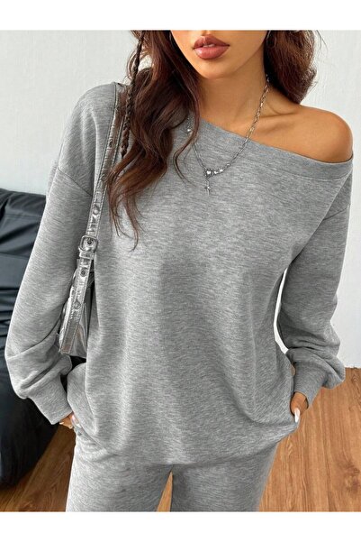 buğrahayalin Women's Long Sleeve One Shoulder Open Two Thread Blouse and Pants Two Piece Set