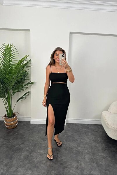 Kokosh moda Women's Ottoman Fabric Lycra Midi Length Pencil Skirt Black