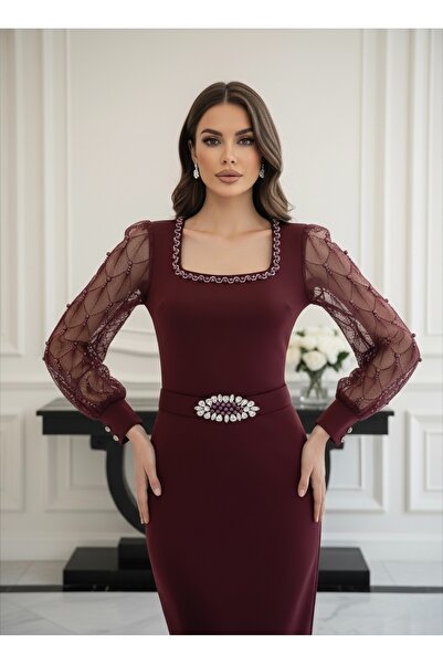 asyadabutik Women's Imported Scuba Fabric Sleeve Beading Embroidered Belt Detailed Lined Special Design Dress