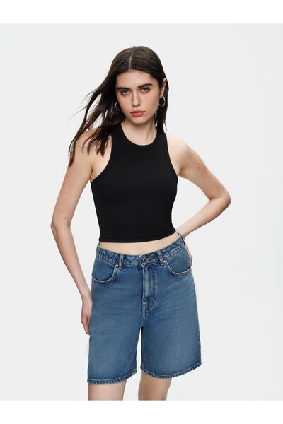 Ltb Short Sleeve Round Neck Crop Black Tank Top