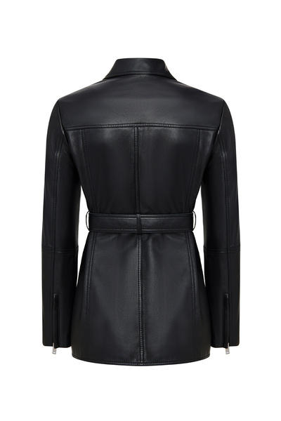 Derimod Cordelia Women's Black Belt Detailed Shirt Collar Leather Coat 25Wgd5623U6