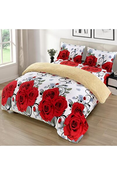 Lenjeria Familiei Tale Cocolino 4-Piece Underwear Set with Fur and Elastic – Red Roses Pattern on White Background