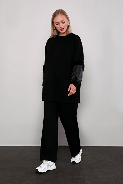 Levidor Black plush sleeve detailed sportswear set