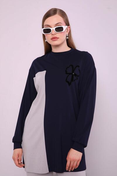 Levidor Navy Blue Clover Pattern Detailed Double Suit