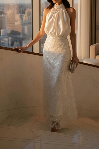 DADUCOLLECTİON Midi sırt dekolteli beyaz abiye gelinlik